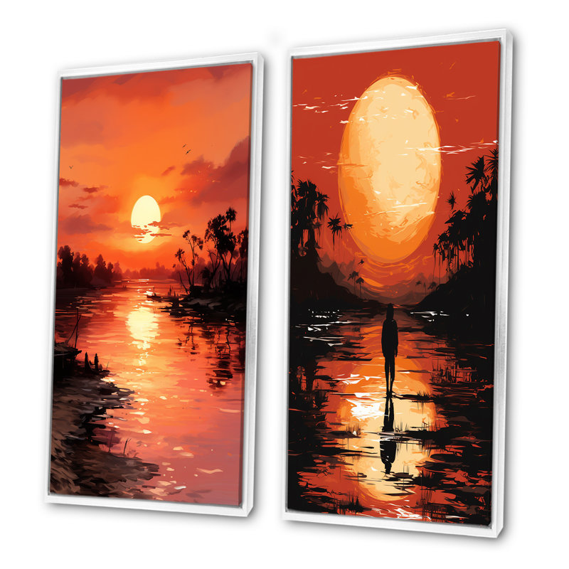 Ensemble de salon art mural orange et noir Sunrise Serenity II - bord de mer tropical, Cadre blanc, H 40 po x l 41 po