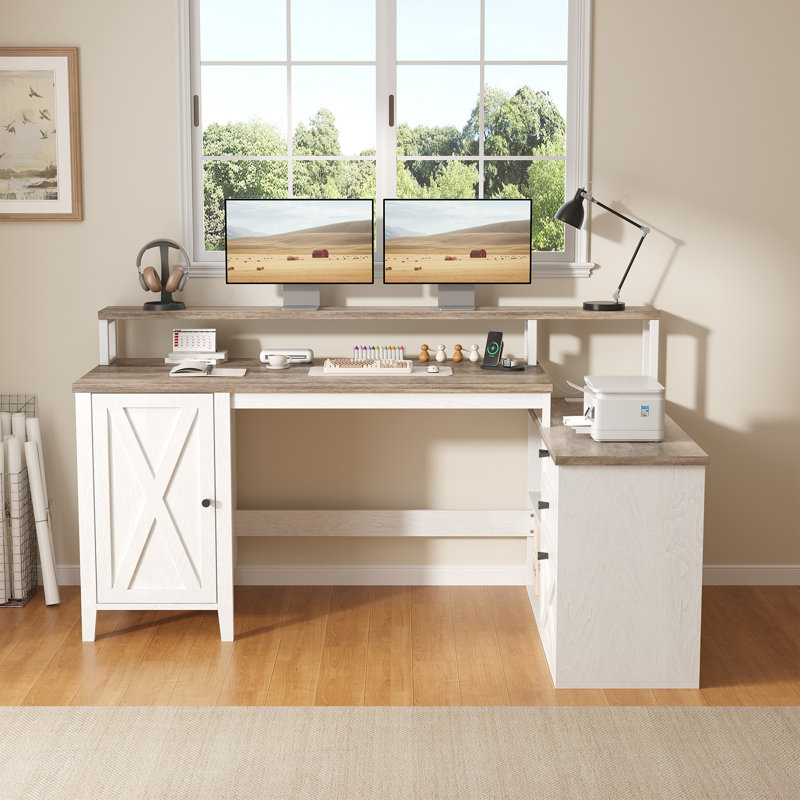 Farmhouse L-Shaped Desk With Power Outlet & Led Lights, Large Corner Computer Desk With 3 Drawers & Cabinet, 58 Inch Office Desk For 2 Monitors, Printer, Rustic Brown & White