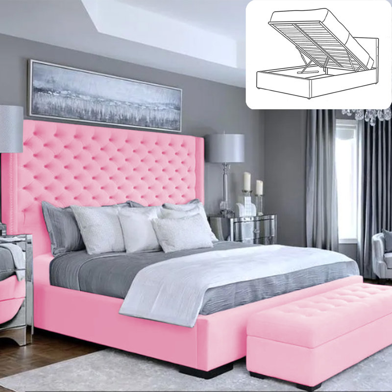 Thielsen Chesterfield Ottoman Storage Bed - Plush Velvet Gas Lift Bed Frame with Headboard, Kingsize (5'), Pink