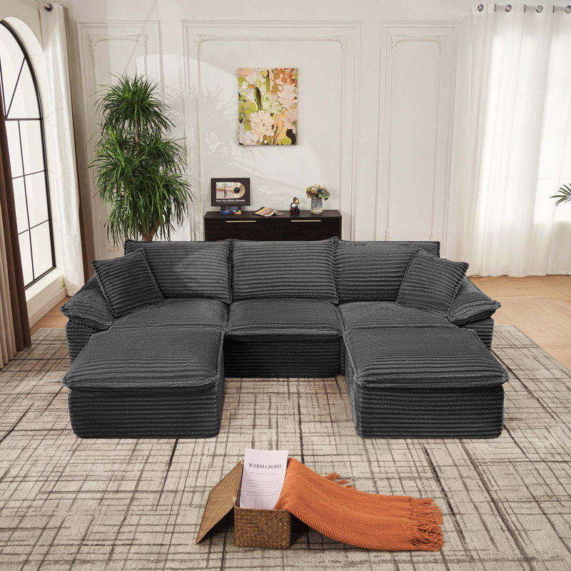 Corduroy Sectional with Ottoman, Velours côtelé gris, H 33,46 po x l 112,6 po x P 36,62 po, Symétrique