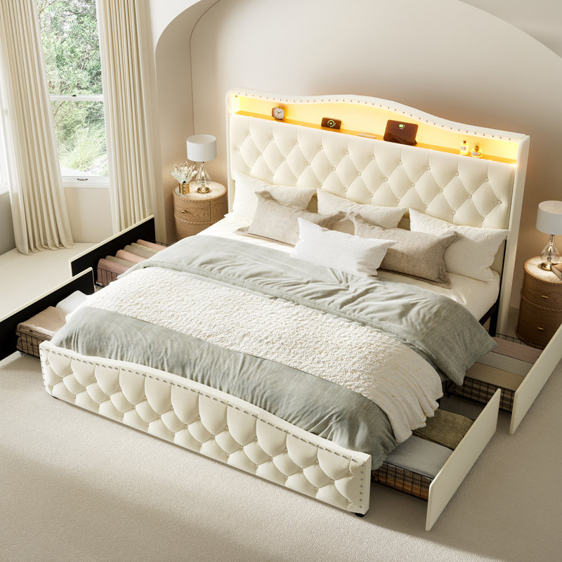 Upholstered King Bed Frame with 4 Storage Drawers and 52.5" Tall Headboard, Platform Bed with Charging Station & LED Light, No Spring Box Needed