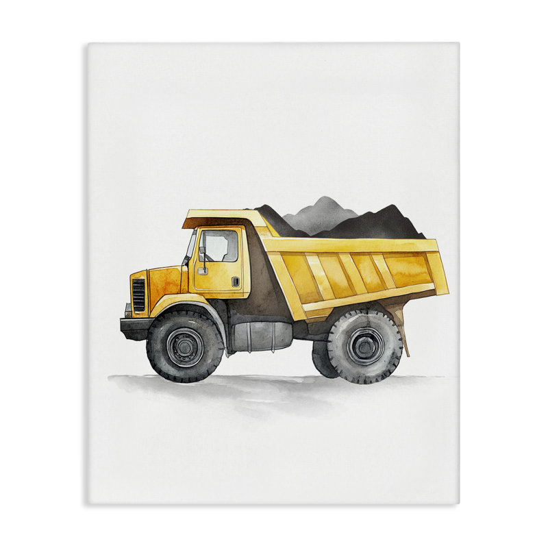 Art mural en toile jaune avec camion de travail, conception par Christine Simpson Art, H 30 po x l 24 po