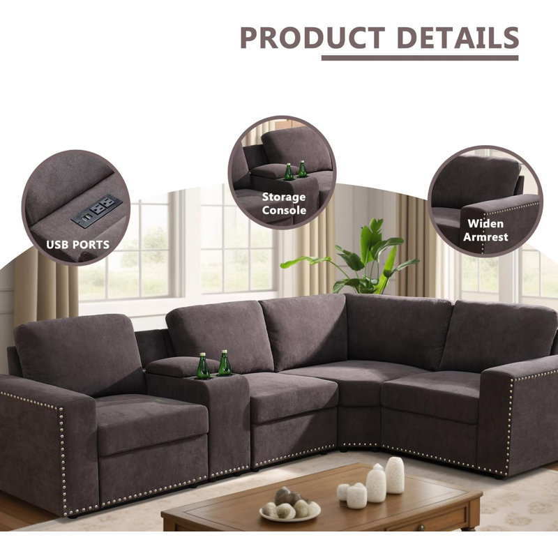 108" 5-Piece Flannel Configurable Living Room Modular Corner Sectional, Brown
