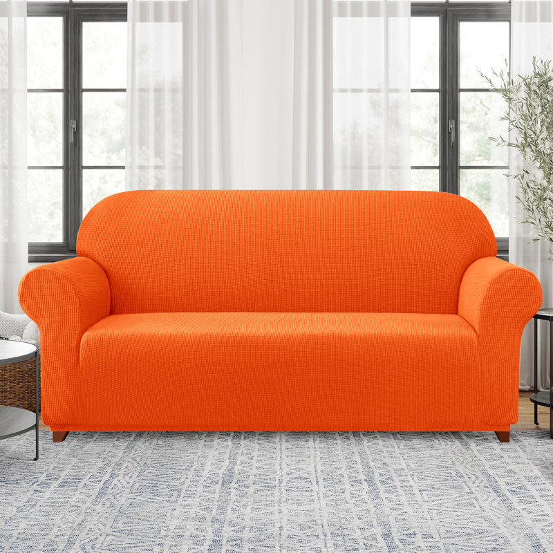 Soft Spandex Stretch Box Cushion Sofa Slipcover, Orange, 105cm H x 300cm W x 107cm D