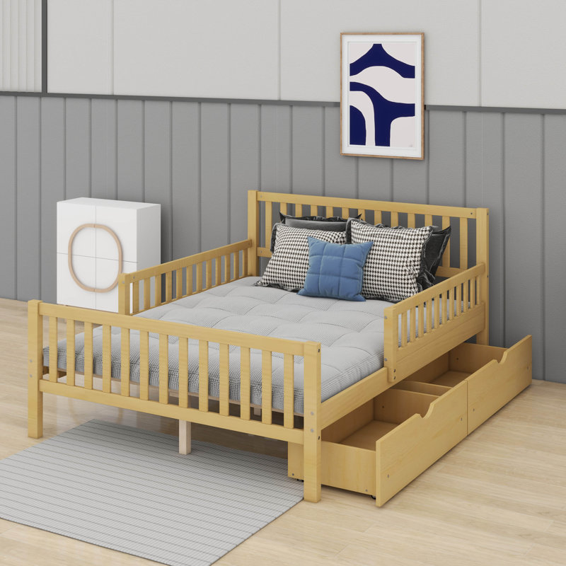 Lit plateforme avec deux tiroirs de rangement et garde-corps des deux côtés, cadre de lit en bois, aucun sommier nécessaire