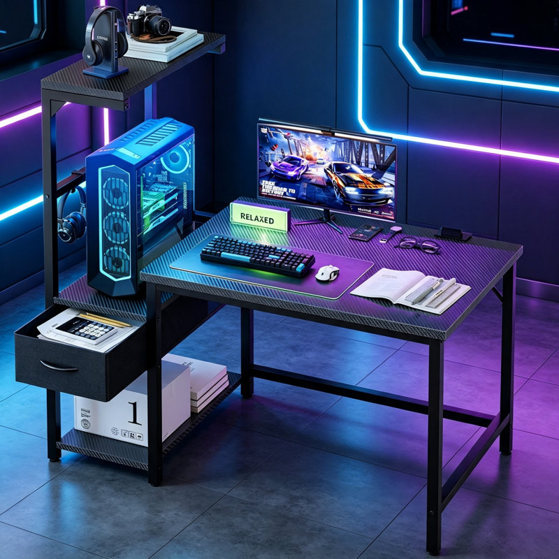 120 cm Gaming Desk with LED Lights & CPU Stand, Computer Desk with Reversible Shelves and Storage Drawer, Home Office PC Desk with Hanging Bag