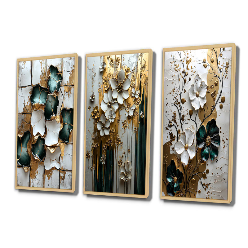 Vert et blanc fleurs élégantes arctiques I - Collection d'art mural de carreaux abstraits gris, H 40 po x l 60 po
