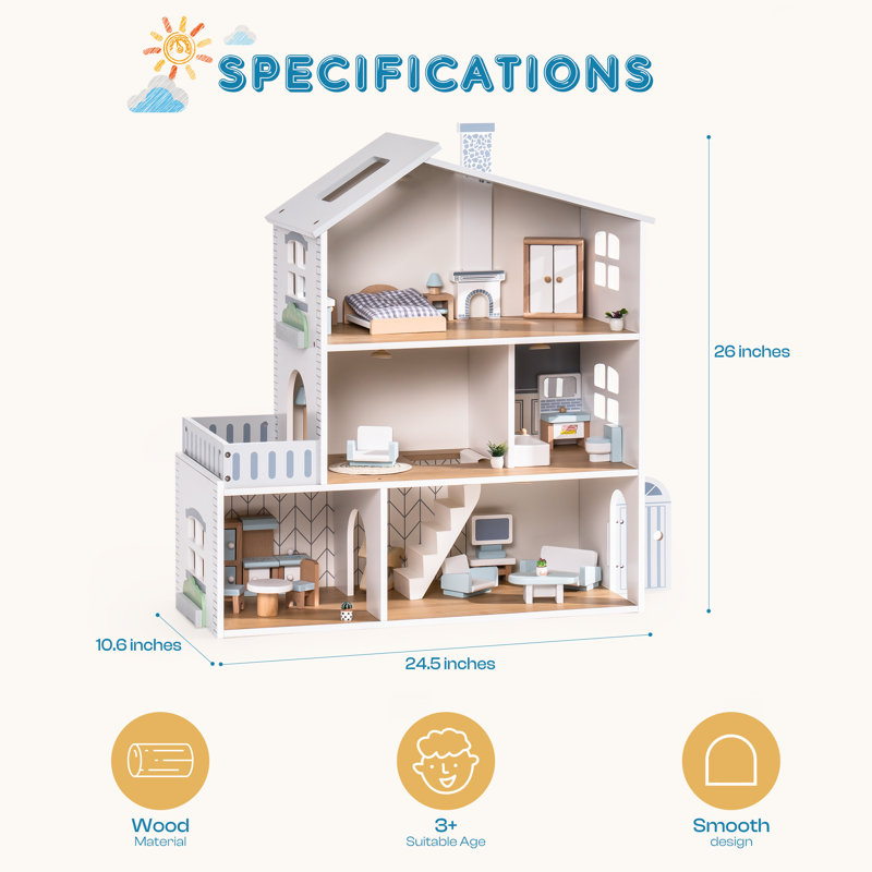Wooden Doll House with 29 Pieces of Furniture and Enchanting Illumination