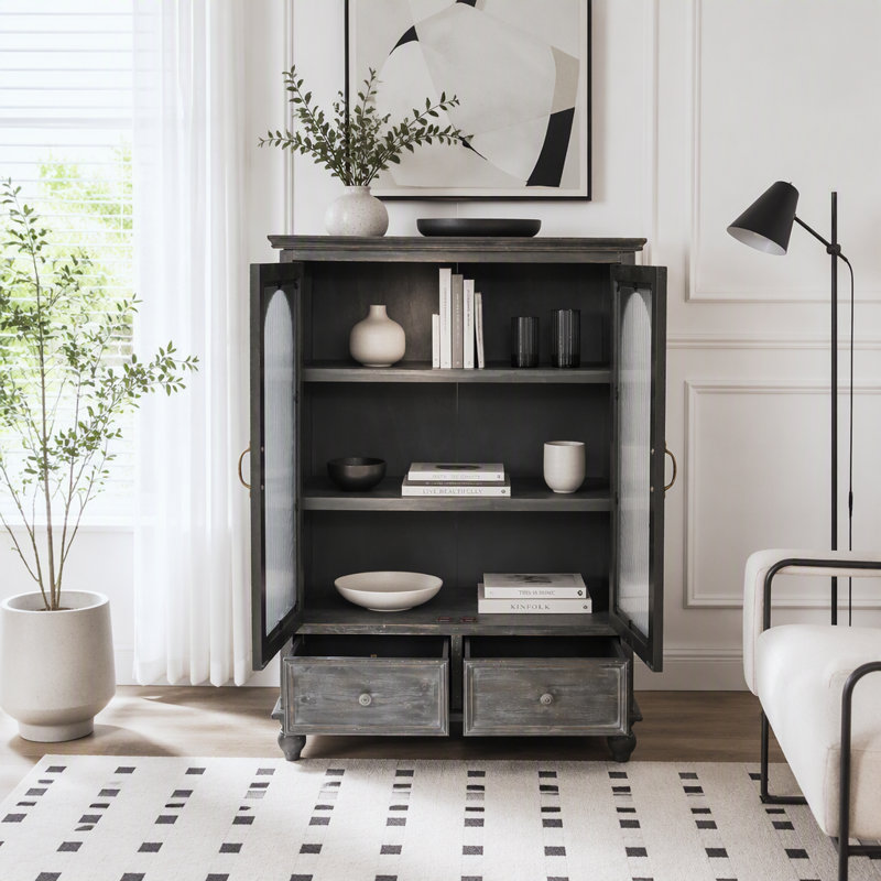 Armoire de rangement, garde-manger en bois vieilli avec 2 portes en verre et 2 tiroirs, Black+Grey