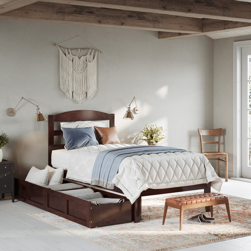 Elliana Solid Wood Platform Bed with Storage Drawers & Built-in Charging Station, Twin, Walnut
