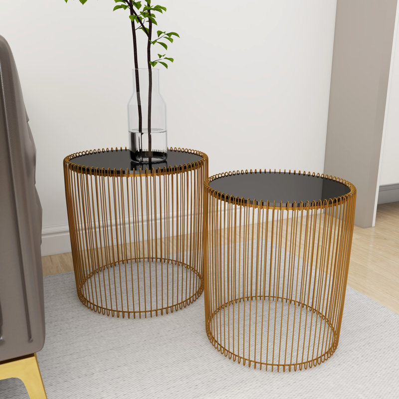 Kirtin Metal Side End Gold Accent Table with Shaded Glass Top Set