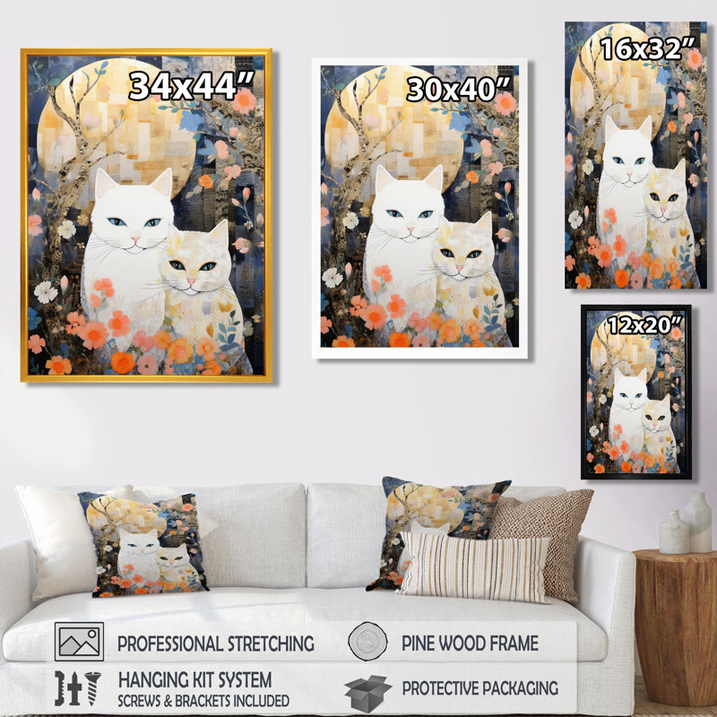 Adorable art mural «Chats blancs» à la pleine lune, Toile avec cadre argenté, H 32 po x l 16 po x P 1 po