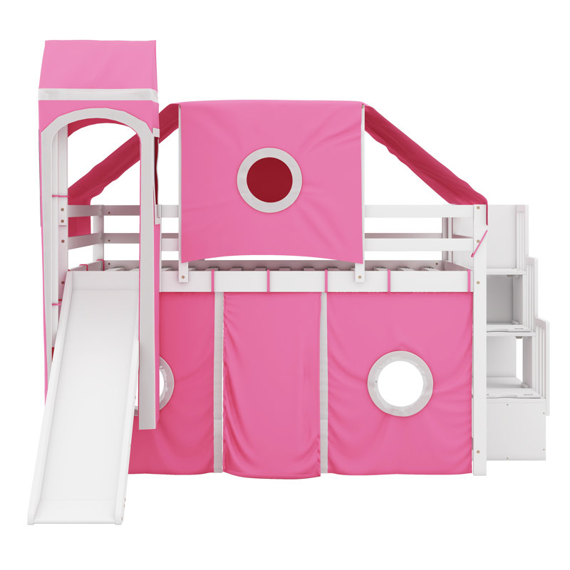Jaleana Slat Loft Bed with Bookcase, Twin, Pink
