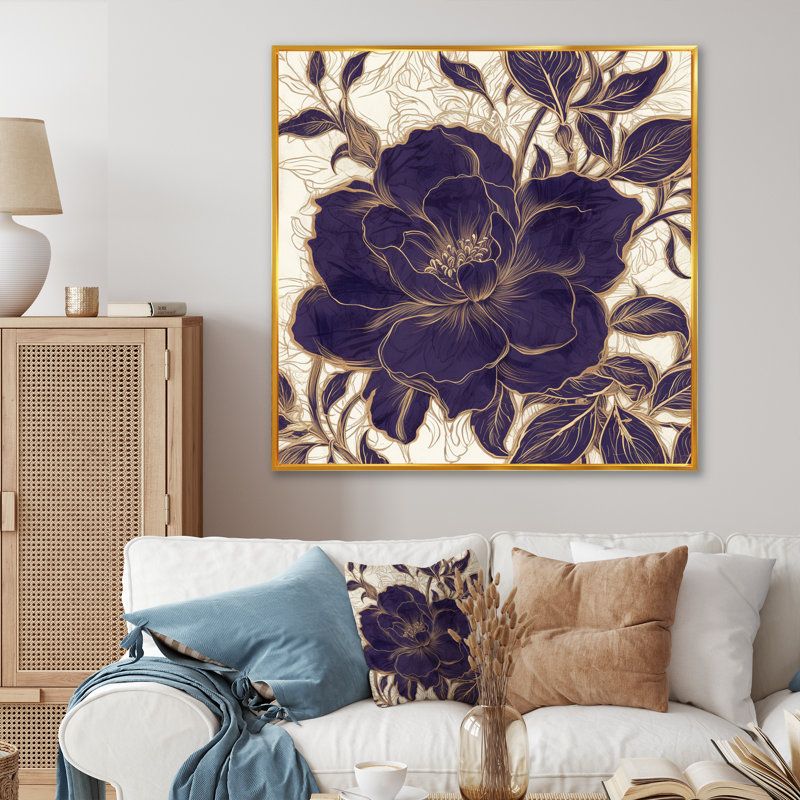 Blue Gold Peony Emotion III, reproduction d'art sur toile, H 16 po x l 16 po x P 1 po, Cadre flottant doré