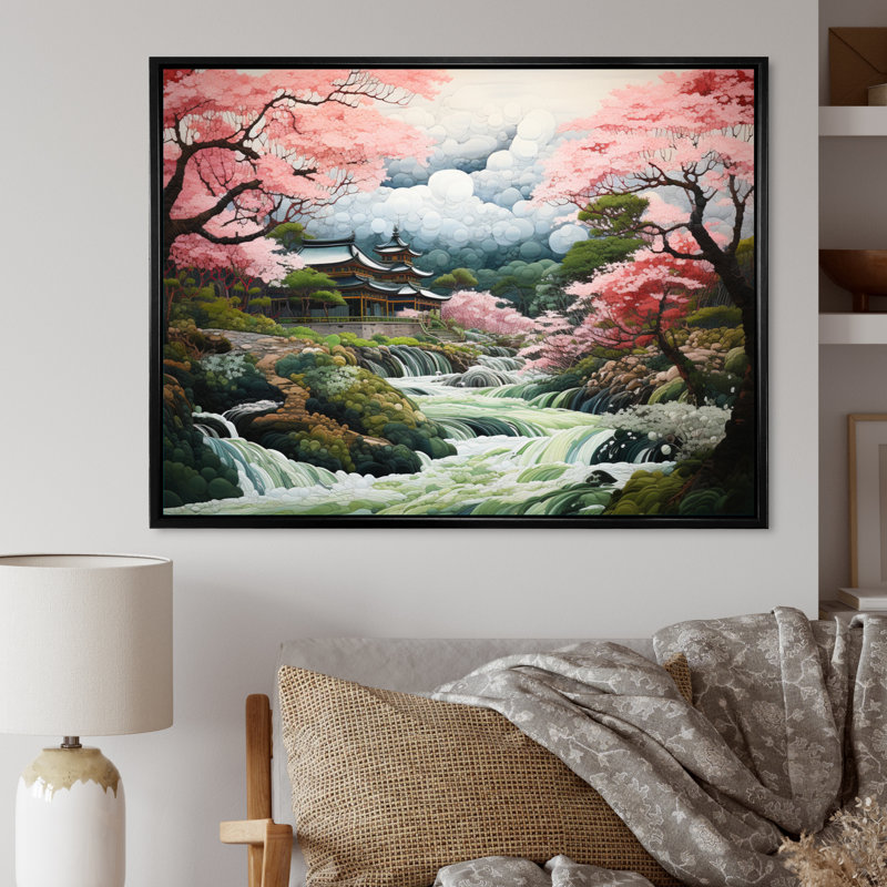 Asian Art Zen Garden III - impression, Cadre flottant noir, H 16 po x l 32 po x P 1 po