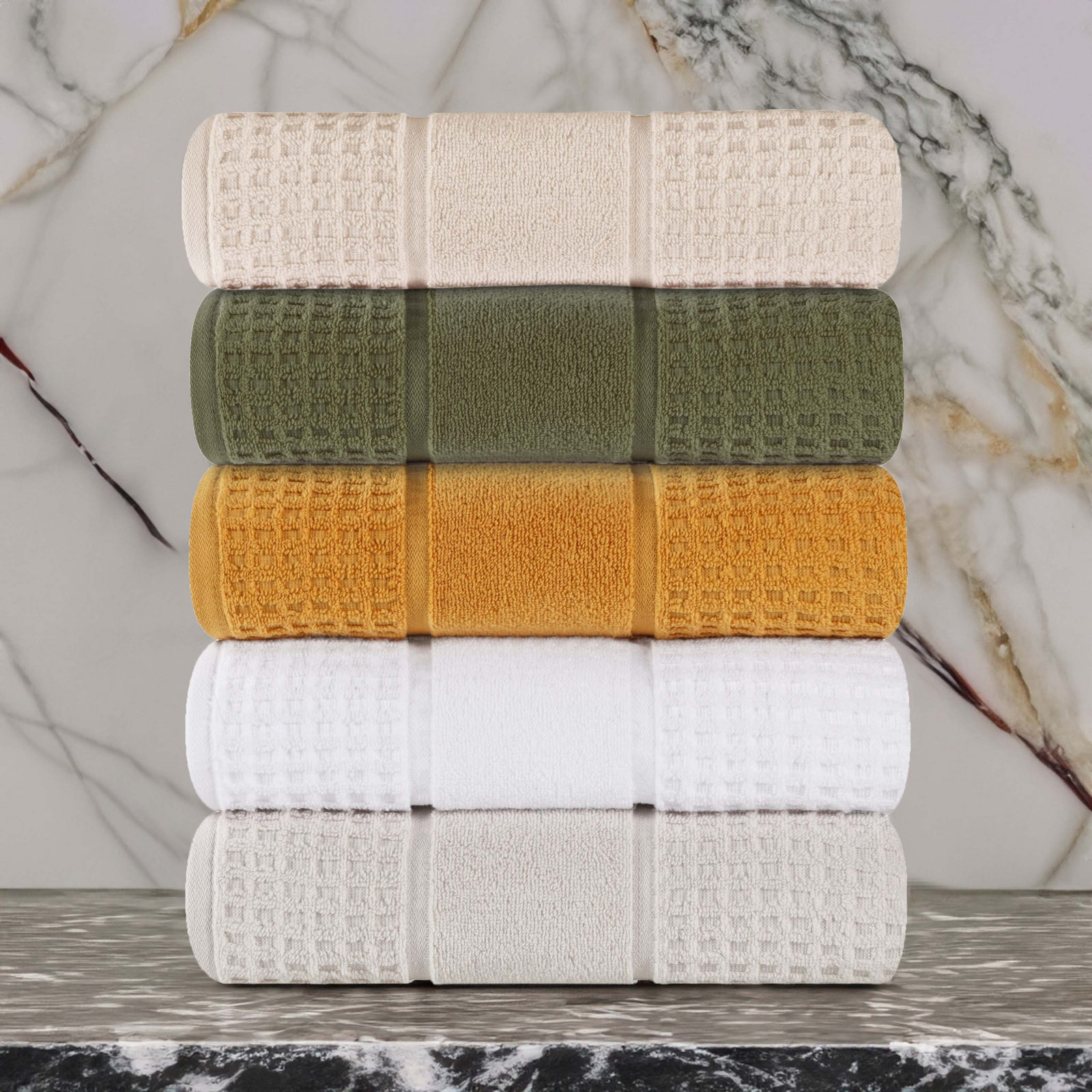 Hisela 3-Piece Waffle Cotton Towel Set, Stone, 3 Piece Towel Set