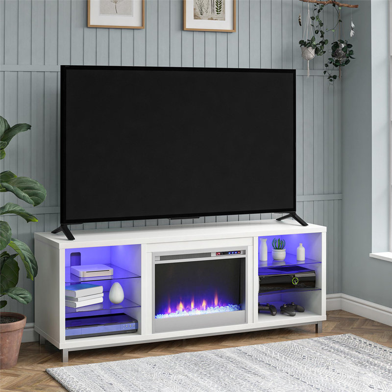 Meuble télé pour téléviseur de 70 po ou moins avec foyer Vaske, Blanc