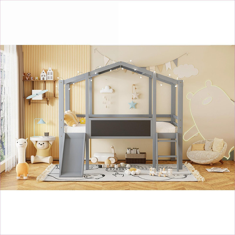 Lit mezzanine simple en bois massif gris clair avec échelle, glissade, tableau noir intégré et bande lumineuse