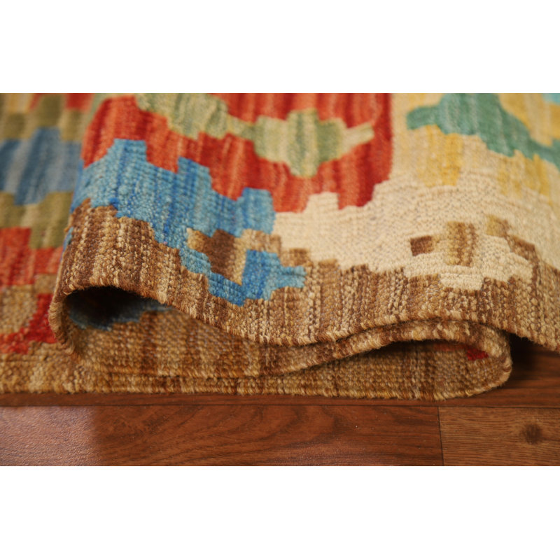 Tapis vert / rouge / bleu en laine tissé à plat à la main Ikat