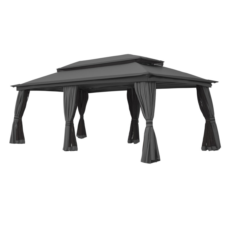 Gazebo de terrasse en acier de 6 m de large x 3 m de profondeur avec toit double et rideaux, Gris