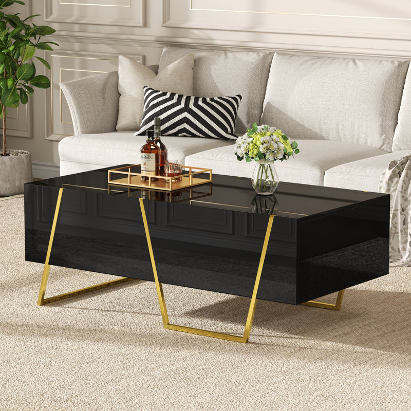 Table basse rectangulaire moderne ultrabrillante pour le salon avec rangement et base dorée (table incluse seulement)