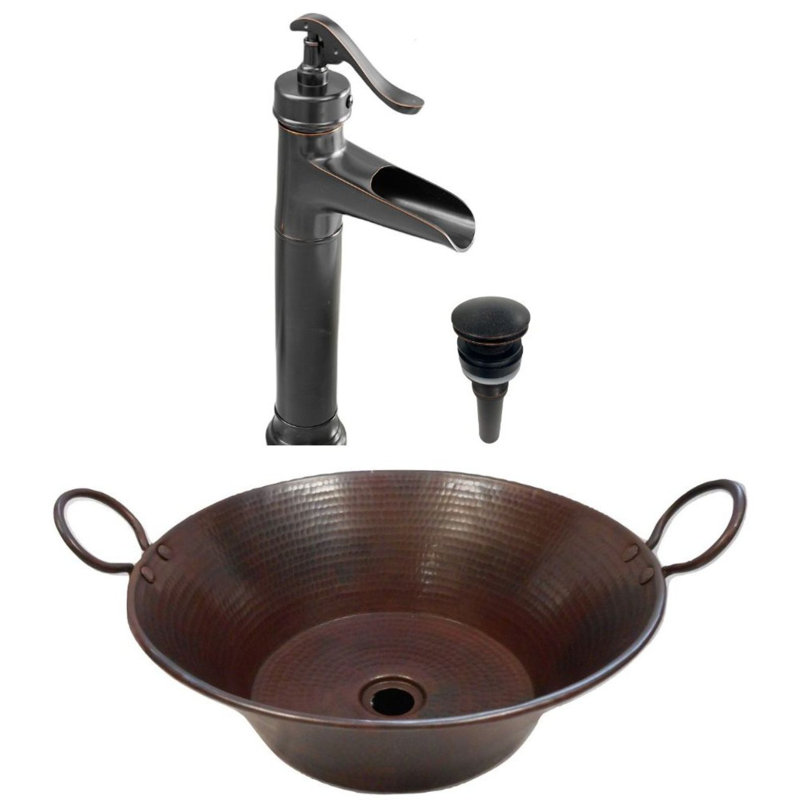 16" Round Copper Vessel Cazo Bath Sink, Pump Faucet Included