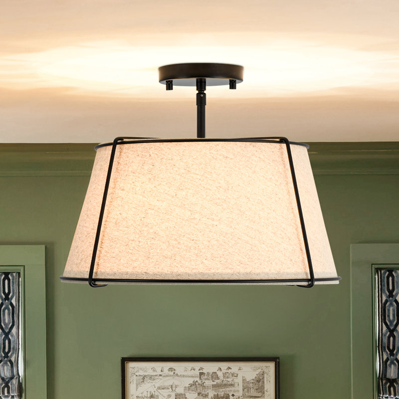 Plafonnier semi-encastré cylindrique en lin à 4 lumières Nyjel Classical, Noir mat, Beige
