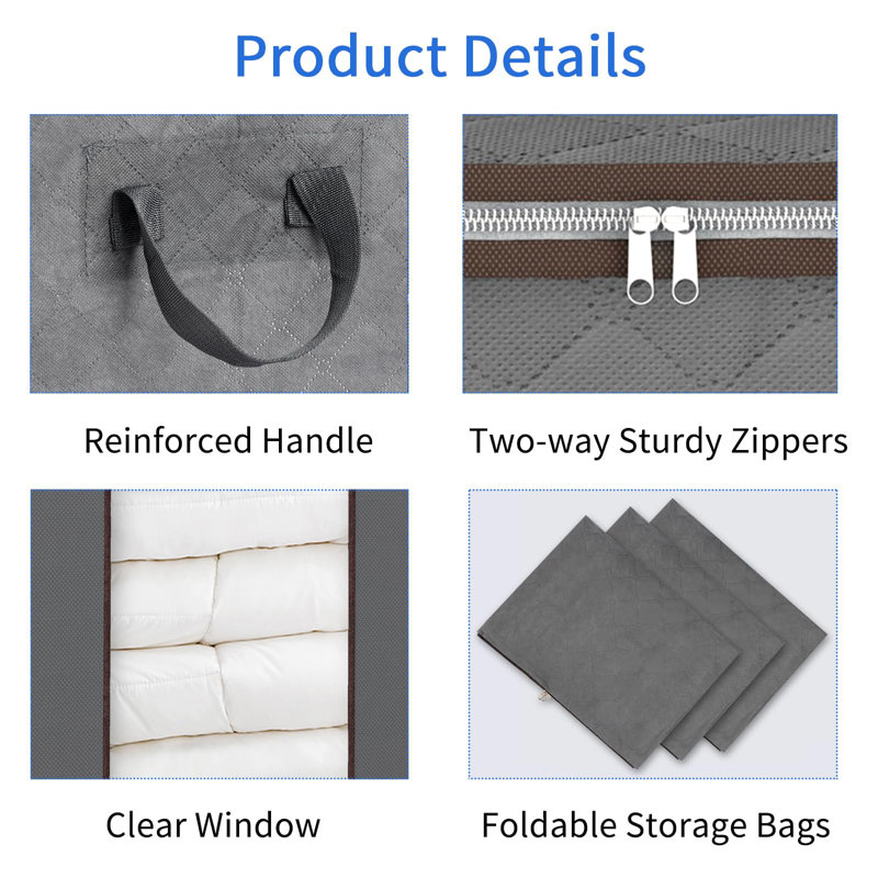 Extra Large Blanket Storage Bags 120L Comforter Storage Bags With Reinforced Handles Breathable Clothes Storage Containers Grey