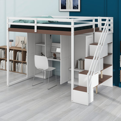 Lit mezzanine avec escalier de rangement, commode intégrée, garde-robe et fonctions intelligentes de charge et d'éclairage