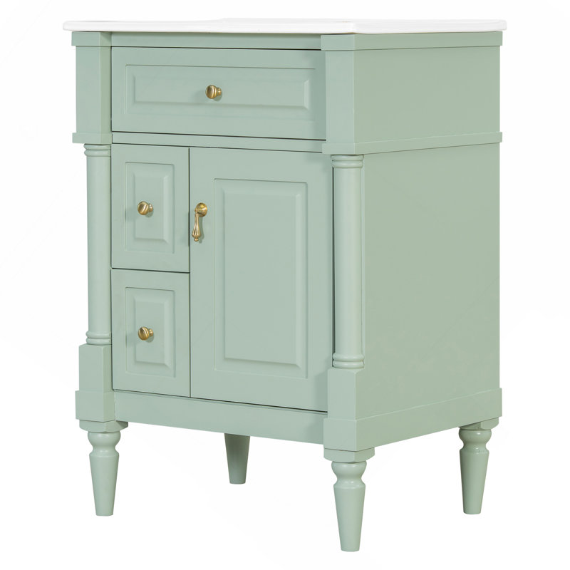 Meuble-lavabo autoportant vert 24 po avec lavabo, tiroir rabattable et tablette réglable, armoire en bois d'hévéa massif