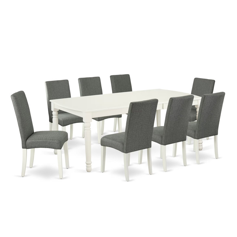 Ensemble de table de salle à manger 9 pièces comprenant une table rectangulaire en bois avec feuille papillon et 8 chaises rembourrées en tissu gris, lin blanc