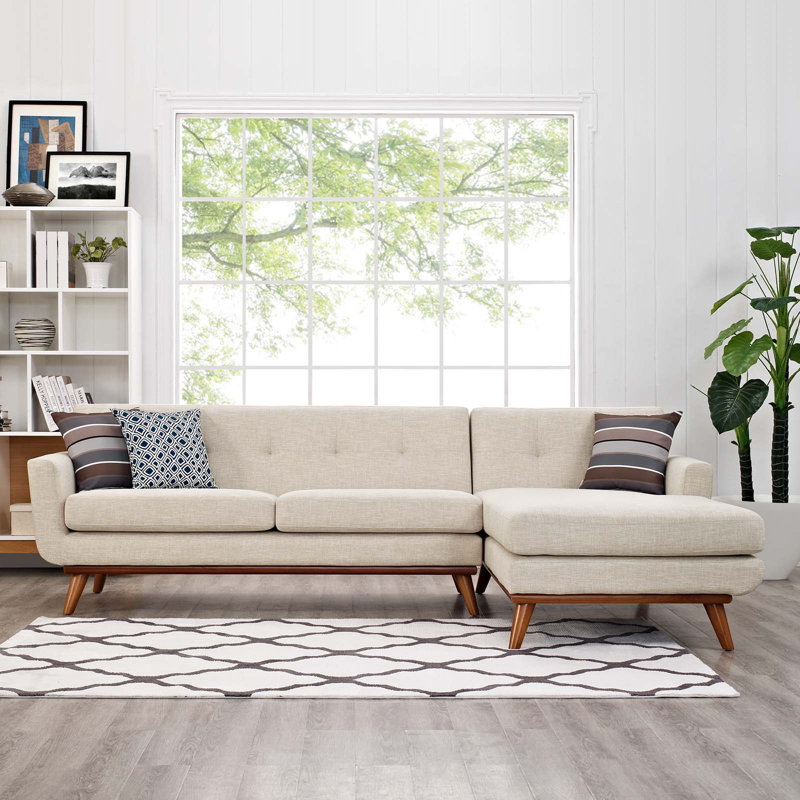 Engage Mid Century Modern Tufted Sectional, Beige Polyester Blend, Right-Hand Facing