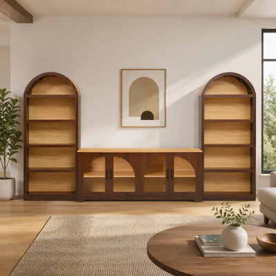 Ensemble de meuble télé rétro trois pièces en noyer et bois naturel, avec tablette et portes en verre trempé, grain de bois bicolore arqué, convient aux téléviseurs jusqu'à 70 pouces.