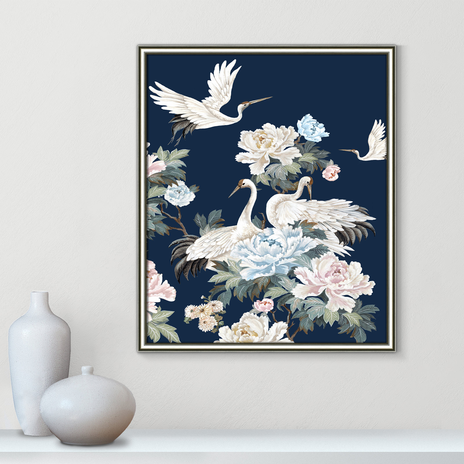 Danbury "Pearly White Cranes II" Painting, 26.75" H x 22.75" W x 0.88" D, Silver