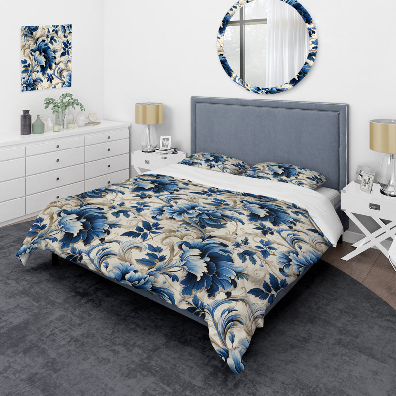 Cobalt Blue Acanthus Scrolls Victorian Pattern III Duvet Cover, King Duvet Cover + 2 King Shams