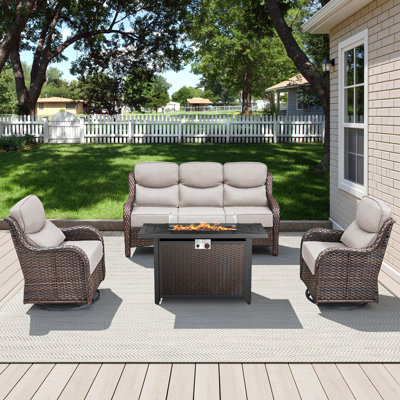 Outdoor Patio Wicker Sofa Conversation Set With Swivel Chairs And Fire Pit Table by Red Barrel Studio