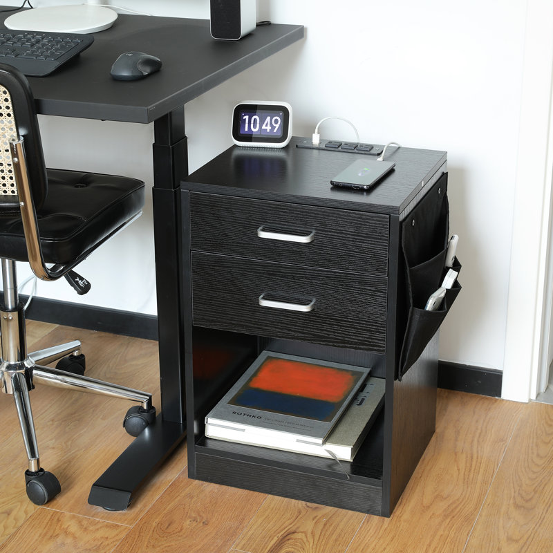 Demitry Manufactured Wood Nightstand with Charging Station, Black