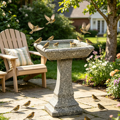 Baignoire d'oiseaux carrée de 22,8 po de hauteur, bol autoportant en béton sur piédestal pour oiseaux, bol d'extérieur moderne en granite pour jardin, patio, cour et pelouse
