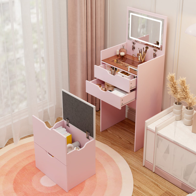 Coiffeuse et tabouret, ensemble de coiffeuse multifonctionnel 3-en-1, comprenant trois modes d'éclairage, un miroir HD, deux tiroirs coulissants et un tabouret de rangement caché.