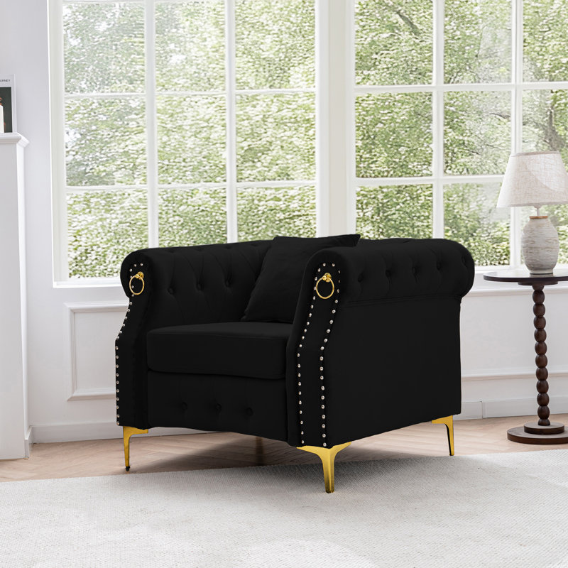  40.9" Velvet Chesterfield Chair, Black