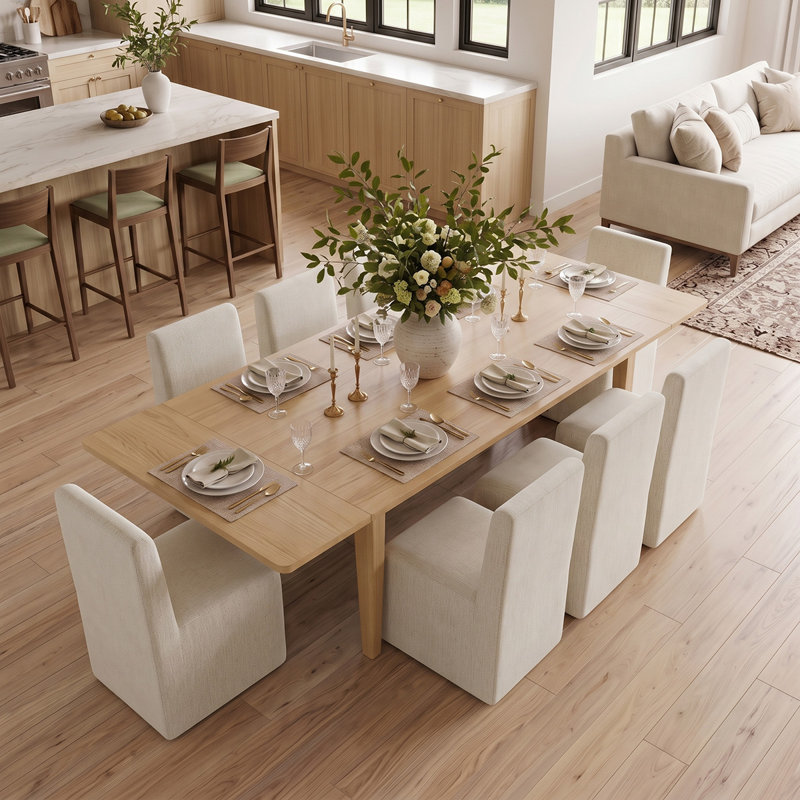 Ensemble de table de salle à manger extensible 72 "à 104" avec table en placage de bois véritable et chaises en mélange de lin