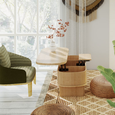 Table basse à plateau relevable avec grand rangement, table à manger relevable, table basse escamotable avec cannelure japonaise, table de centre ovale en bois pour le salon, peu encombrante pour manger et les ordinateurs portables
