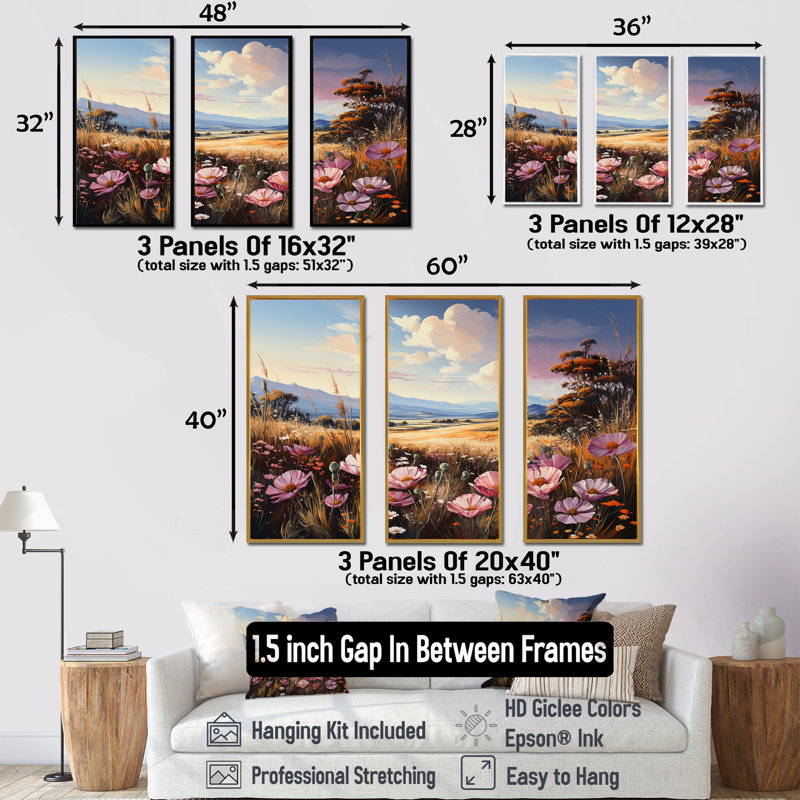 Fleurs mauves colorées, ensemble d'art mural sur toile, "Fleurs de mauve dans le Nevada", H 40 po x l 60 po x P 1 po