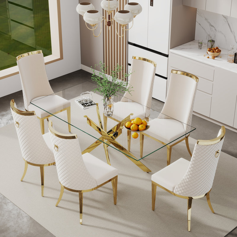 Ensemble de table de salle à manger moderne en verre trempé avec chaise à dossier haut Modern Luxtury, Beige/or