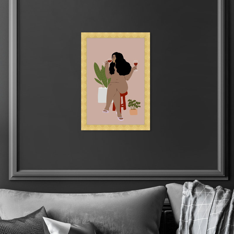Nude Drinker - Peinture, H 15 po x l 10 po, Papier avec cadre doré