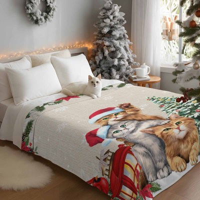 Couverture polaire légère à motif chat de Noël, flocons de neige, sapin de Noël et poinsettias. Douce et confortable, elle est idéale pour le divan, le lit et les voyages. Dimensions : 101,6 x 127 cm. Un sac fourre-tout en toile à motif chat et chapeau de Noël vous est offert.