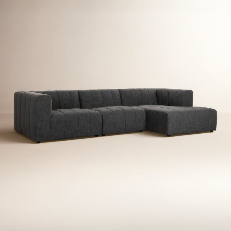 Bowry Upholstered L-Shaped Sectional, Right Hand Facing, Black, Saxon Charcoal Polyester Blend