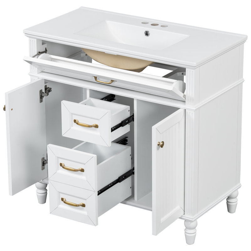 Reedlyn 36-Inch Modern Bathroom Vanity with Integrated Sink and Soft-Close Doors Crafted from MDF and Solid Wood, White
