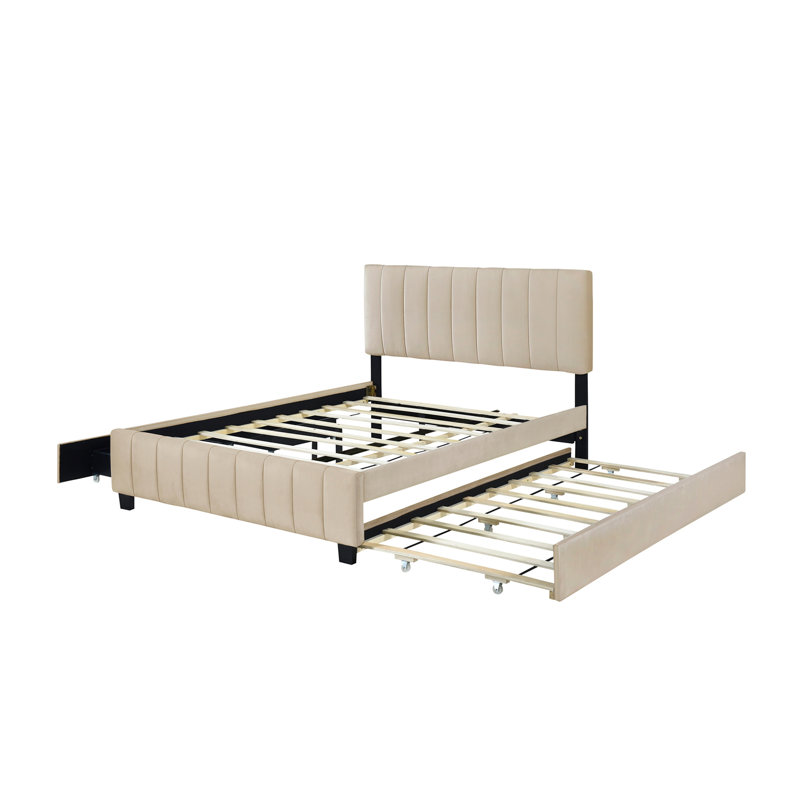 Grand lit plateforme tapissier en velours avec 2 tiroirs et 1 lit gigogne simple TG - beige, Beige