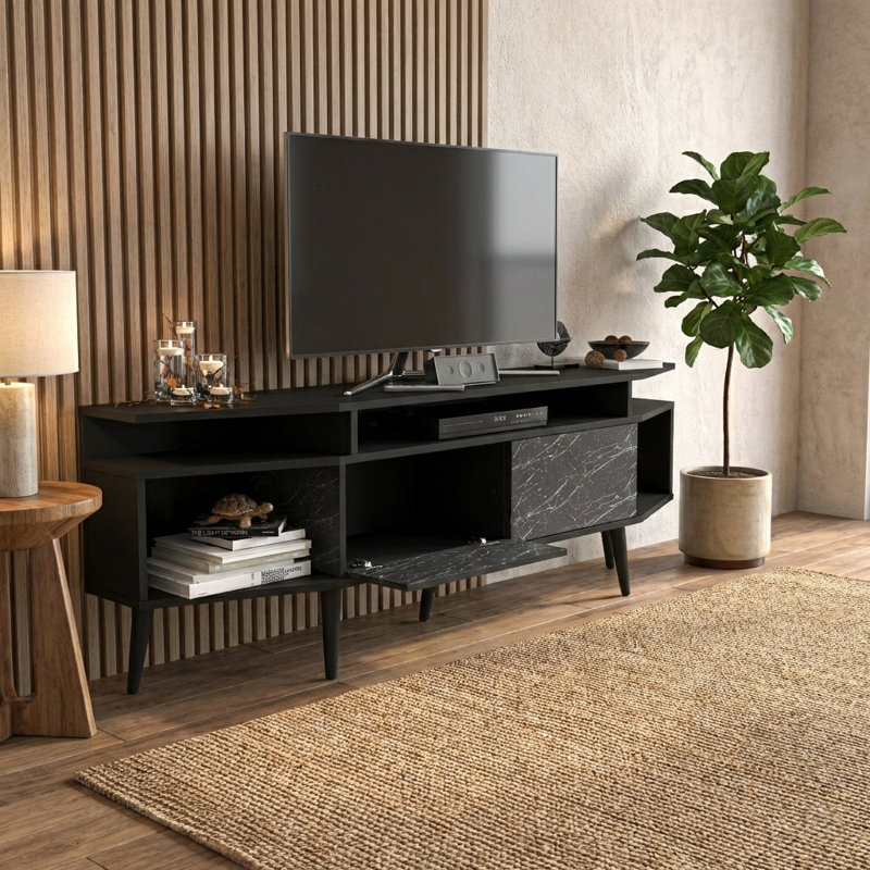71" Media Console For Tvs Up To 80", Noir / marbre Bendire